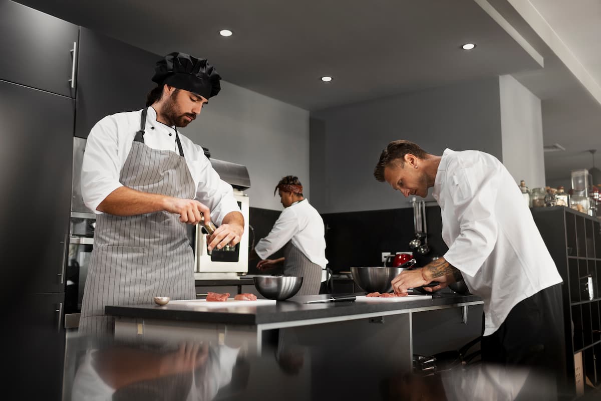 Chefs trabajando en una cocina oculta moderna, representando casos de éxito de dark kitchen en Latinoamérica.