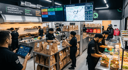 Dark kitchen moderna com equipe preparando pedidos de delivery e monitorando processos para melhorar eficiência operacional.