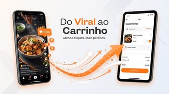 Ilustração horizontal mostrando um smartphone com vídeo de comida no estilo TikTok à esquerda e, à direita, um pedido sendo finalizado em aplicativo de delivery, conectados por um fluxo visual, em cores laranja e branco.