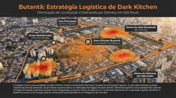 Vista aérea do bairro Butantã em São Paulo, destacando áreas residenciais e principais vias de acesso para delivery, com elementos gráficos simulando raio de entrega e geofencing. A cena transmite a otimização de logística para dark kitchens, com motoboys em movimento, e paleta de cores quentes predominando o laranja, cinza e preto, representando a inteligência de localização estratégica.