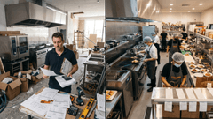 Comparação entre uma cozinha industrial em fase de montagem, com equipamentos e obras, e uma cozinha compartilhada totalmente equipada e pronta para operação de delivery.