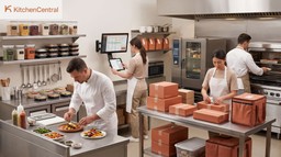 Profissionais trabalham em uma cozinha comercial moderna preparando, organizando e embalando pedidos para delivery em uma dark kitchen.