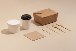Variados tipos de embalagens eco-friendly, tanto para bebidas (copo de café), quanto para alimentos (talheres).