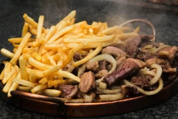 tábua com pedacinhos de bife assado na brasa com cebola e batata frita sobre a mesa