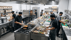Cozinha industrial moderna equipada com fogão industrial, forno, coifa, bancadas em aço inox e equipe preparando alimentos em um ambiente organizado e profissional.