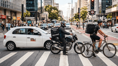 Entregadores lado a lado na faixa de pedestres, utilizando carro, moto e bicicleta, representando diferentes meios de delivery em área urbana.
