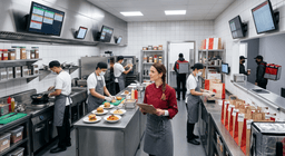 Emprendedor gastronómico supervisando la operación de una dark kitchen profesional con pedidos online, equipo de cocina y preparación de alimentos para delivery.