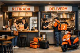 Esta imagem ilustra perfeitamente a operação de um estabelecimento focado em conveniência e agilidade, dividido em duas frentes de serviço. O ambiente é moderno, com uma iluminação industrial acolhedora e uma paleta de cores centrada no laranja, preto e madeira.