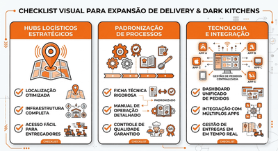 Checklist visual de expansão para dark kitchens mostrando hubs logísticos estratégicos, padronização de processos e tecnologia de gestão de pedidos para múltiplas unidades.