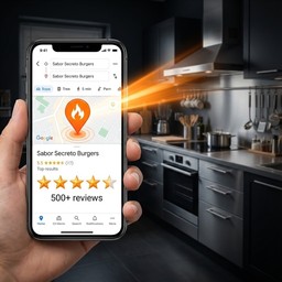 Composição que ilustra a estratégia de SEO Local para dark kitchens. Uma mão segura um smartphone exibindo a tela do Google Maps com o resultado de uma busca local por delivery. O topo da lista mostra o perfil da dark kitchen com 5 estrelas em laranja ouro e muitas avaliações positivas, dominando a busca. Um ícone de pino de localização brilhante conecta a tela digital à cozinha física, limpa e moderna, no plano de fundo. A imagem simboliza que a reputação online e o SEO local são o fator decisivo de escolha e o 'novo endereço' da marca.