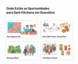 Infográfico mostrando as quatro regiões estratégicas de Guarulhos para abrir uma dark kitchen — Rua Espanhola, Eixo São Paulo–Guarulhos, Bosque Maia e Cumbica–Cecap — com ícones que representam diferentes perfis de consumo e oportunidades de mercado.
