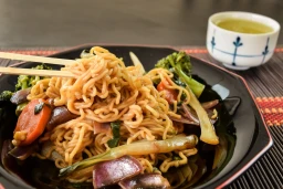 prato de comida chinesa, mostrando yakisoba sobre a mesa