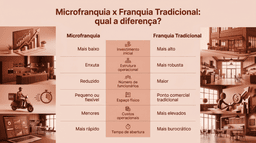 Imagem comparativa em formato horizontal 16:9 com design corporativo moderno mostrando as diferenças entre microfranquia e franquia tradicional. A arte apresenta duas colunas comparando investimento inicial, estrutura operacional, número de funcionários, espaço físico, custos operacionais e tempo de abertura. O lado da microfranquia destaca operação enxuta, menor investimento e abertura mais rápida, enquanto a franquia tradicional representa estrutura maior e custos mais elevados. Elementos visuais remetem a delivery, empreendedorismo e expansão de negócios.