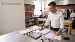 Empreendedor analisa o planejamento de uma dark kitchen em uma cozinha comercial, com documentos, tablet e materiais relacionados à estrutura e operação.