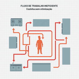 Ilustração de um chef de cozinha confuso e andando em círculos em um layout de cozinha desorganizado.
