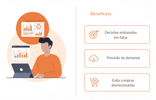 Infográfico sobre relatórios. À esquerda, ilustração de pessoa analisando gráficos em computador. À direita, benefícios como 'Decisões baseadas em dados' em bullet points.