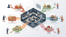 Ilustração de uma dark kitchen operando múltiplas marcas ao mesmo tempo, conectando uma única cozinha a diferentes tipos de restaurantes como hambúrguer, pizza e comida saudável.