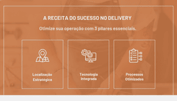 Infográfico com três ícones representando localização estratégica, tecnologia integrada e processos otimizados.
