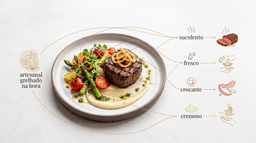 Imagem mostrando um bife grelhado suculento com palavras sensoriais associadas à descrição gastronômica, destacando como termos como “suculento”, “macio” e “bem preparado” ajudam a criar uma percepção mais atrativa do prato.
