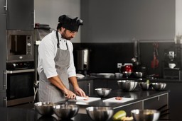 Chef trabalhando em uma cozinha industrial, usando equipamentos de cozinha profissional para preparar carnes e organizar a produção.