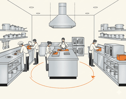 Ilustração de uma cozinha industrial moderna e organizada da Kitchen Central, com vários chefs uniformizados trabalhando de forma eficiente. O layout da cozinha mostra um fluxo circular de trabalho, equipamentos profissionais como fornos combinados e micro-ondas, e prateleiras com utensílios.