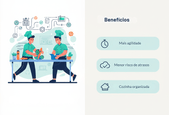 Infográfico sobre fluxo de trabalho. À esquerda, ilustração de cozinheiros em dark kitchen organizando alimentos. À direita, benefícios como 'Mais agilidade' em bullet points.
