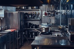 Cocina de restaurante organizada y equipada, con fogones, hornos, sartenes y cubertería.