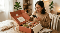 ma mulher sorridente está sentada à mesa em um ambiente aconchegante e iluminado com luz natural, segurando um smartphone enquanto observa uma caixa de delivery premium aberta à sua frente.