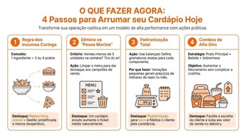 Infográfico educativo sobre gestão de cardápio, focado em alta performance e lucratividade. O layout utiliza uma paleta de cores laranja e branca. No Passo 1, destaca a versatilidade de ingredientes. No Passo 2, orienta a remoção de pratos com baixa saída. No Passo 3, enfatiza o controle de gramatura e processos. No Passo 4, sugere a montagem de kits com prato, bebida e sobremesa. O infográfico visa transformar operações gastronômicas caóticas em modelos eficientes e lucrativos.