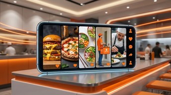 Imagem horizontal de um feed de TikTok com vídeos de comida de restaurante moderno, exibidos em um smartphone, com estética clean, tecnológica e tons de laranja e branco.