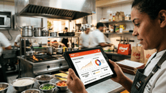 Painel de controle digital de gestão de delivery exibindo gráficos de pedidos, mapa de zonas de entrega e métricas de desempenho para restaurantes em uma plataforma de parceiros de aplicativo de entrega.