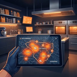 Mapa infográfico de São Paulo focado na região central. O Campo de Elíseos é destacado em laranja vibrante, com setas logísticas que se estendem rapidamente para bairros adjacentes de alto poder aquisitivo (Higienópolis, Pacaembu, Jardins), simbolizando a eficiência do "raio de ouro" para delivery e a interconexão de eixos demográficos.