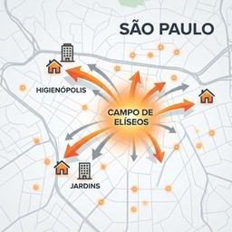 Mapa infográfico de São Paulo focado na região central. O Campo de Elíseos é destacado em laranja vibrante, com setas logísticas que se estendem rapidamente para bairros adjacentes de alto poder aquisitivo (Higienópolis, Pacaembu, Jardins), simbolizando a eficiência do "raio de ouro" para delivery e a interconexão de eixos demográficos.