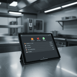 Tablet em uma dark kitchen moderna, representando a tecnologia para delivery que centraliza todos os canais de venda delivery (marketplaces, aplicativo próprio e WhatsApp) em uma única tela.